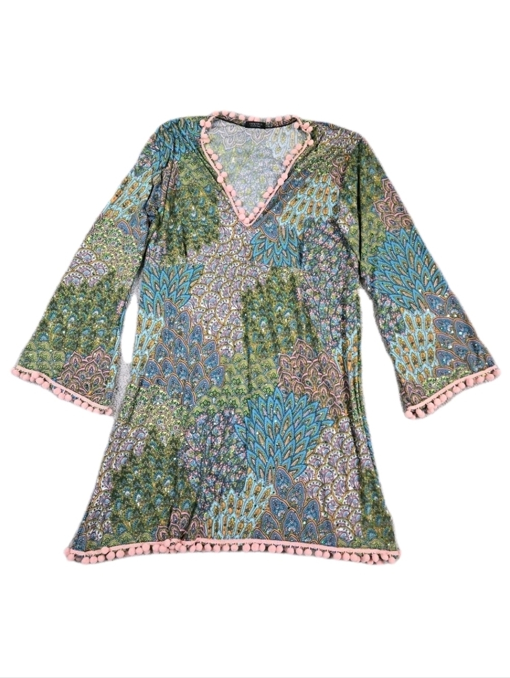 Oh My Bod Mini Dress Long Bell Sleeves Pom Tassle V Neck Multicolor Peacock